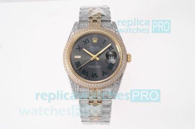 TWF Swiss Replica Rolex Datejust Grey Dial Green Numbers Watch 2 Tone Diamond Case